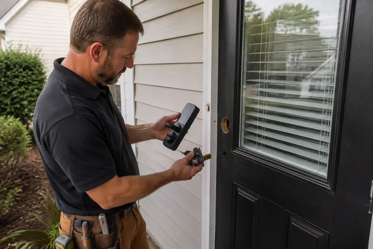 Person holding a black door-handle assembly and a latch beside a glazed door with exposed lock openings. — Smart Lock Installation, Guelph