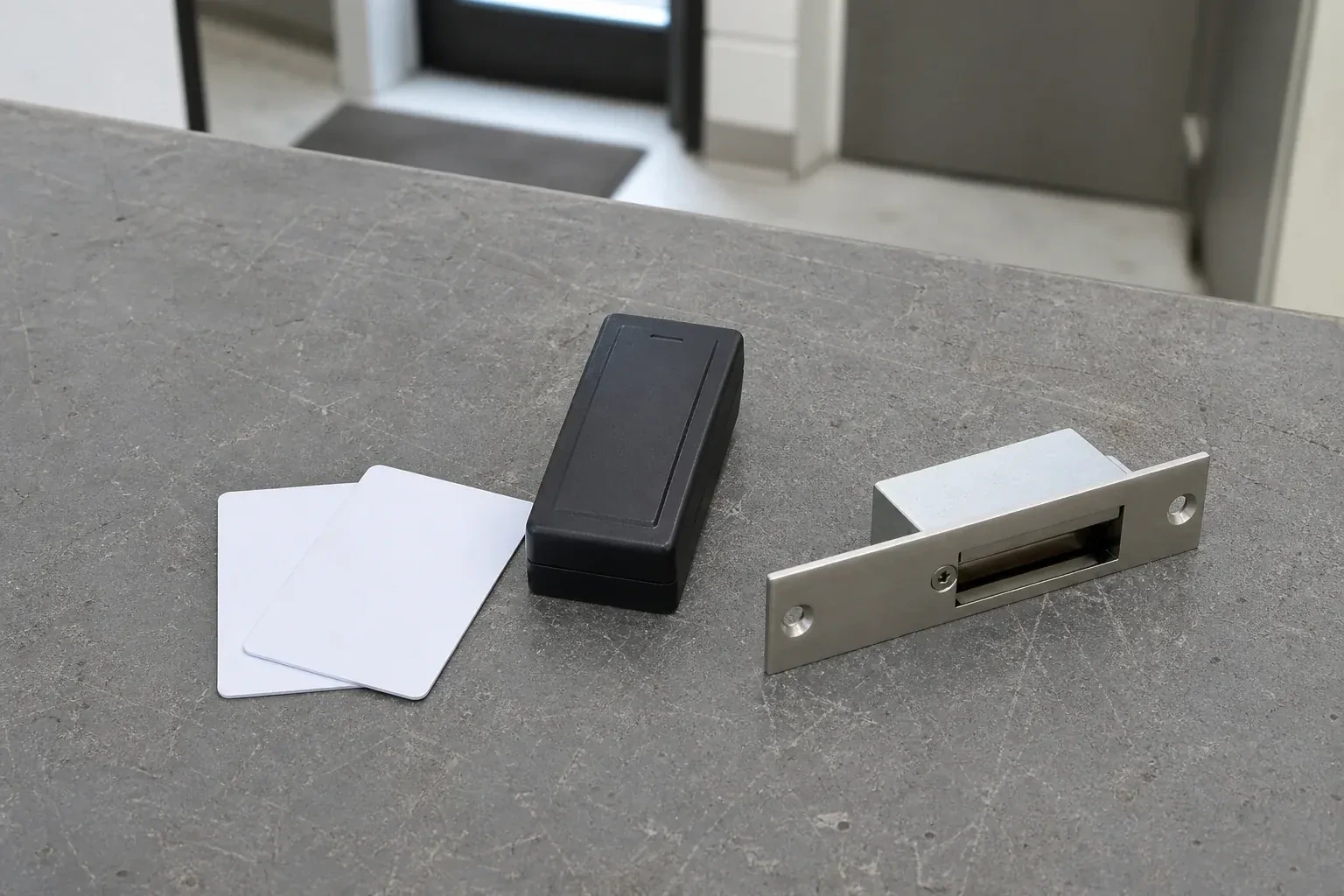 Detached card reader, two plain cards and an electric-strike component on a service bench. — Access Control Installation, Guelph
