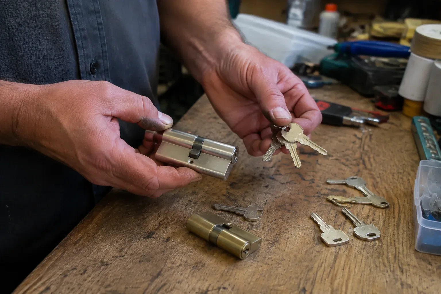 Hands holding a lock cylinder and a ring of keys above a worn workbench with another cylinder and loose keys. — Lock Rekeying, Guelph