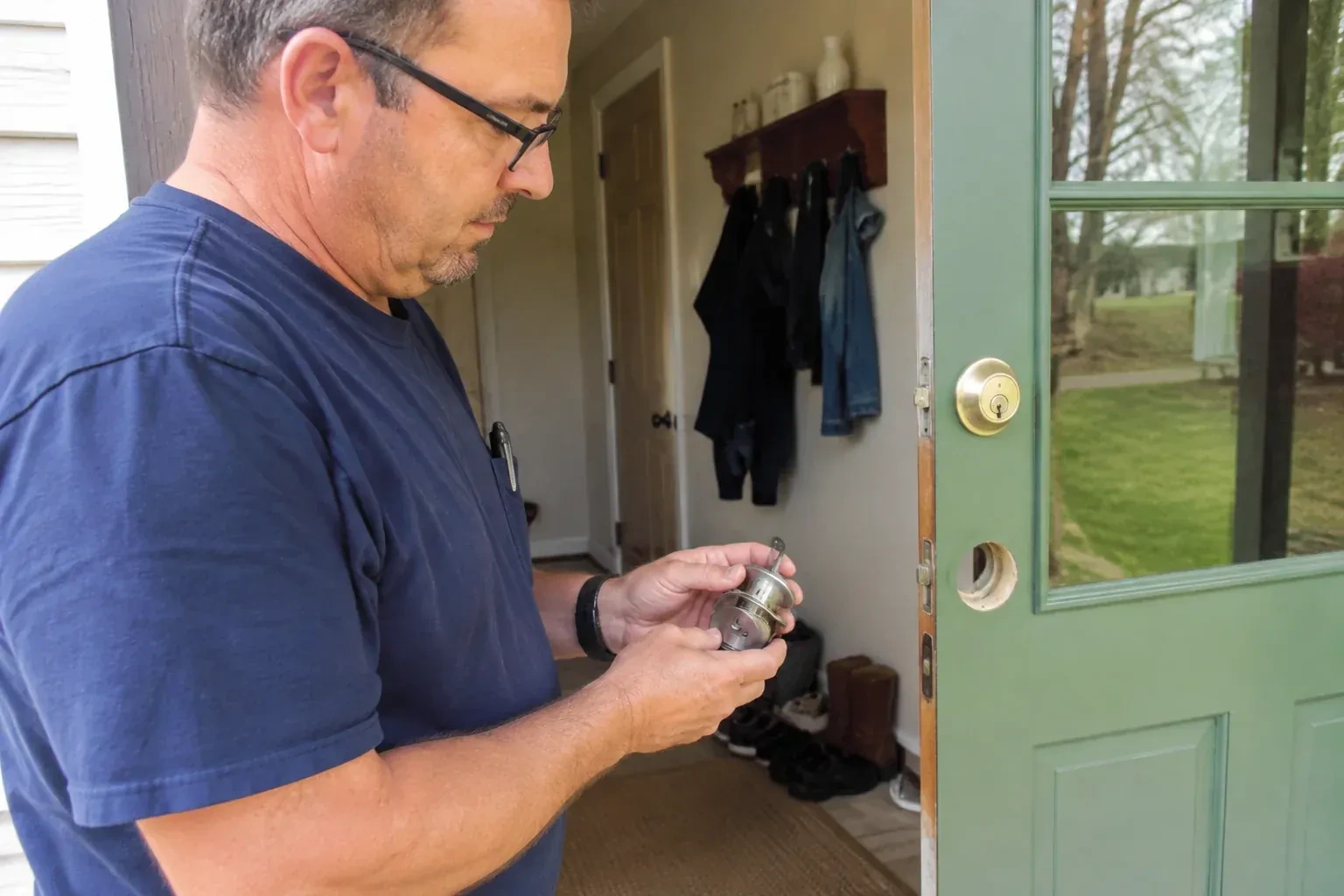 Person holding a cylindrical door-lock assembly beside an open green glazed door with its lower lock opening exposed. — Seized & Jammed Lock Opening, Guelph