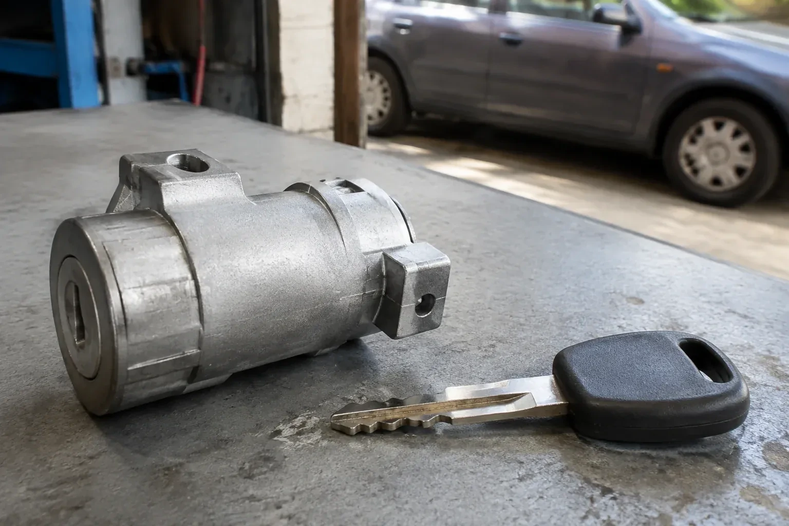 Detached cylindrical lock housing and black-headed key on an automotive workbench. — Ignition Lock Repair, Guelph
