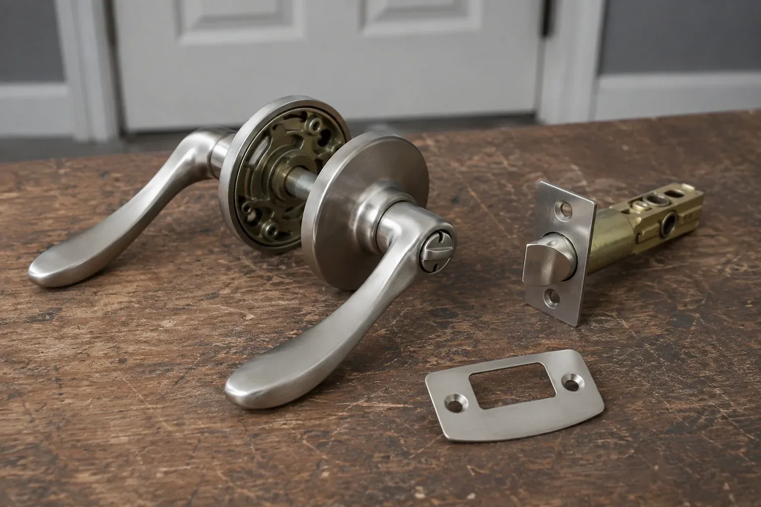 Detached satin-nickel lever hardware, tubular latch and strike plate on a wooden workbench. — Lock Replacement & Upgrade, Guelph