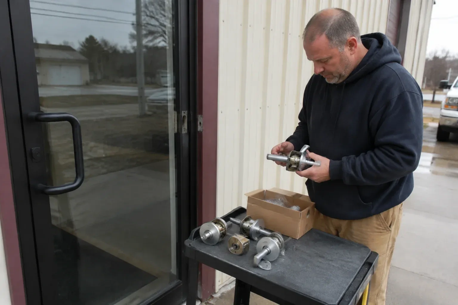 Person holding a door-handle assembly beside a glazed entrance, with more handle and lock components on a cart. — Commercial-Grade Lock Replacement, Guelph