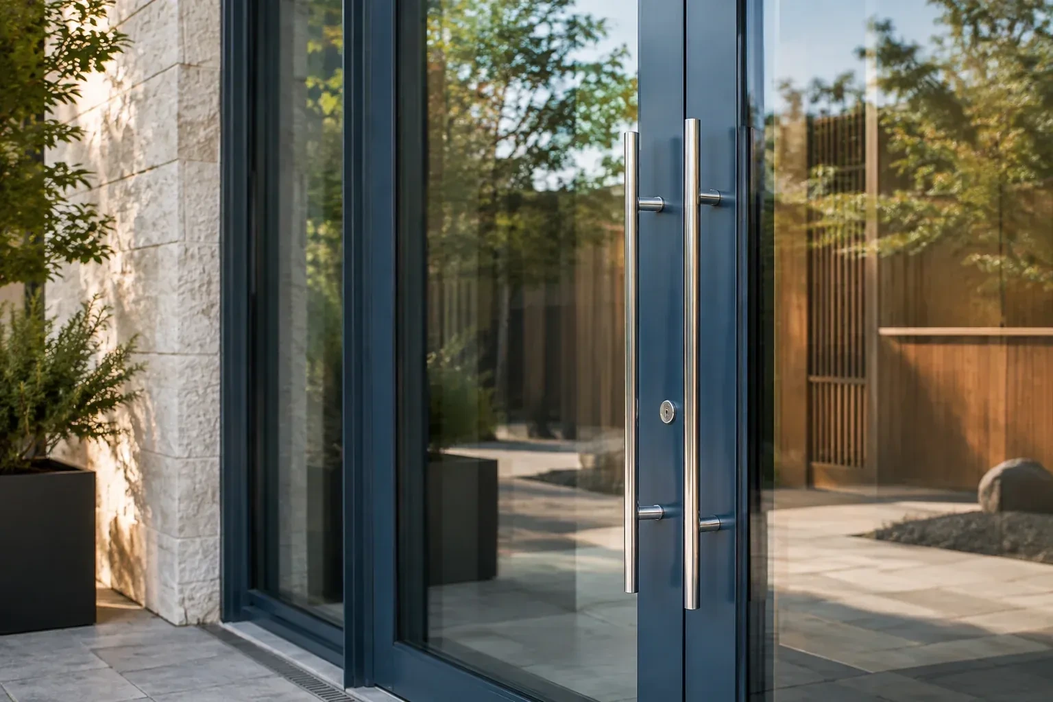 Dark-framed glass entrance doors with long silver-colored vertical pull handles and a round keyhole. — Business Lockout Service, Guelph