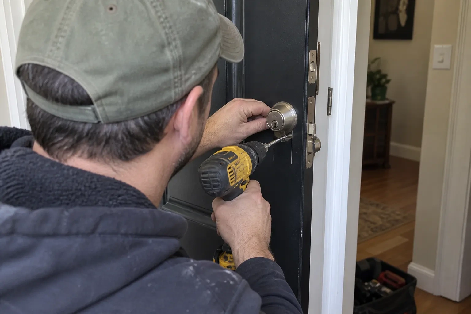 Person in a green cap holding a brushed-metal deadbolt against a dark door while a yellow drill rests below it.