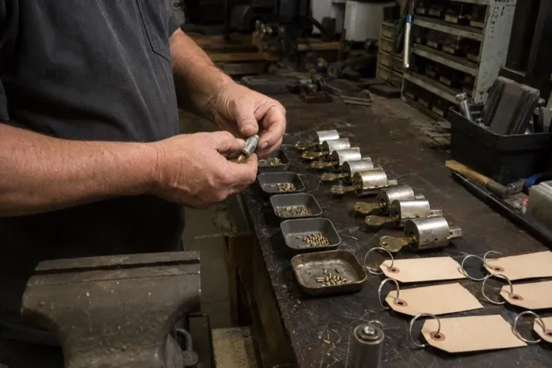 Person handling a lock cylinder at a workbench lined with cylinders, keys, small pin trays and blank key tags. — Commercial Rekeying, Guelph