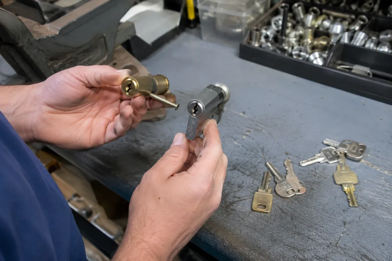 Hands comparing detached lock cylinders beside loose keys on a workbench. — Broken Key Extraction, Guelph