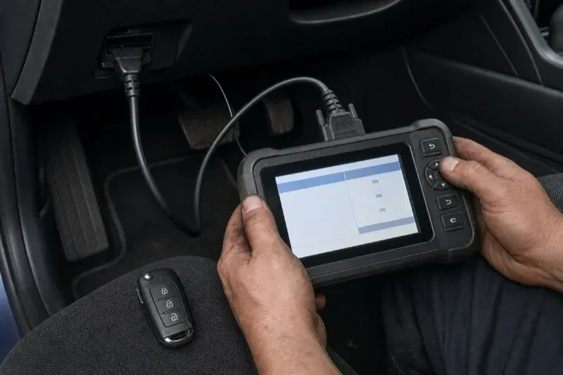 Hands holding a diagnostic tablet connected beneath a car dashboard, with a key fob resting on the person’s leg. — Key Fob Programming, Guelph