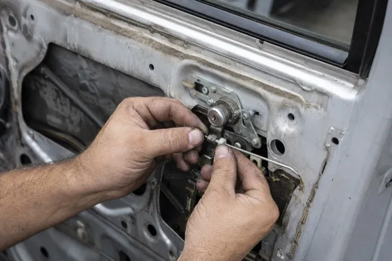 Hands holding a small linkage beside an exposed car-door lock mechanism with the interior trim removed. — Vehicle Lock Repair, Guelph