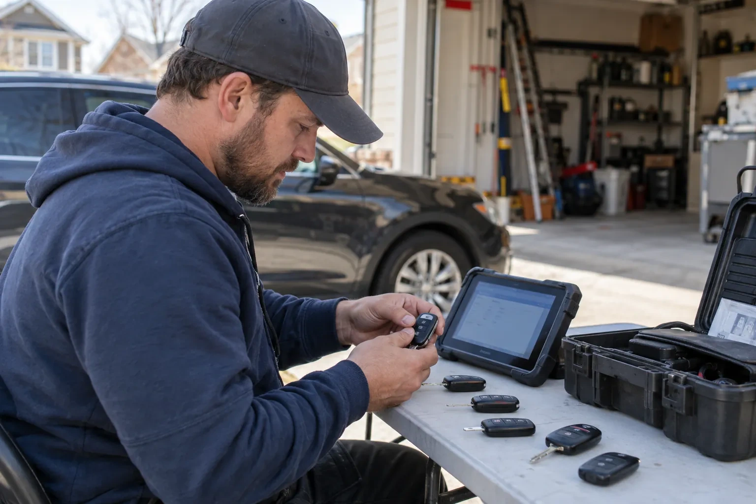 Technician holding a key fob at a folding table with a tablet, loose fobs and a hard case beside a dark SUV.