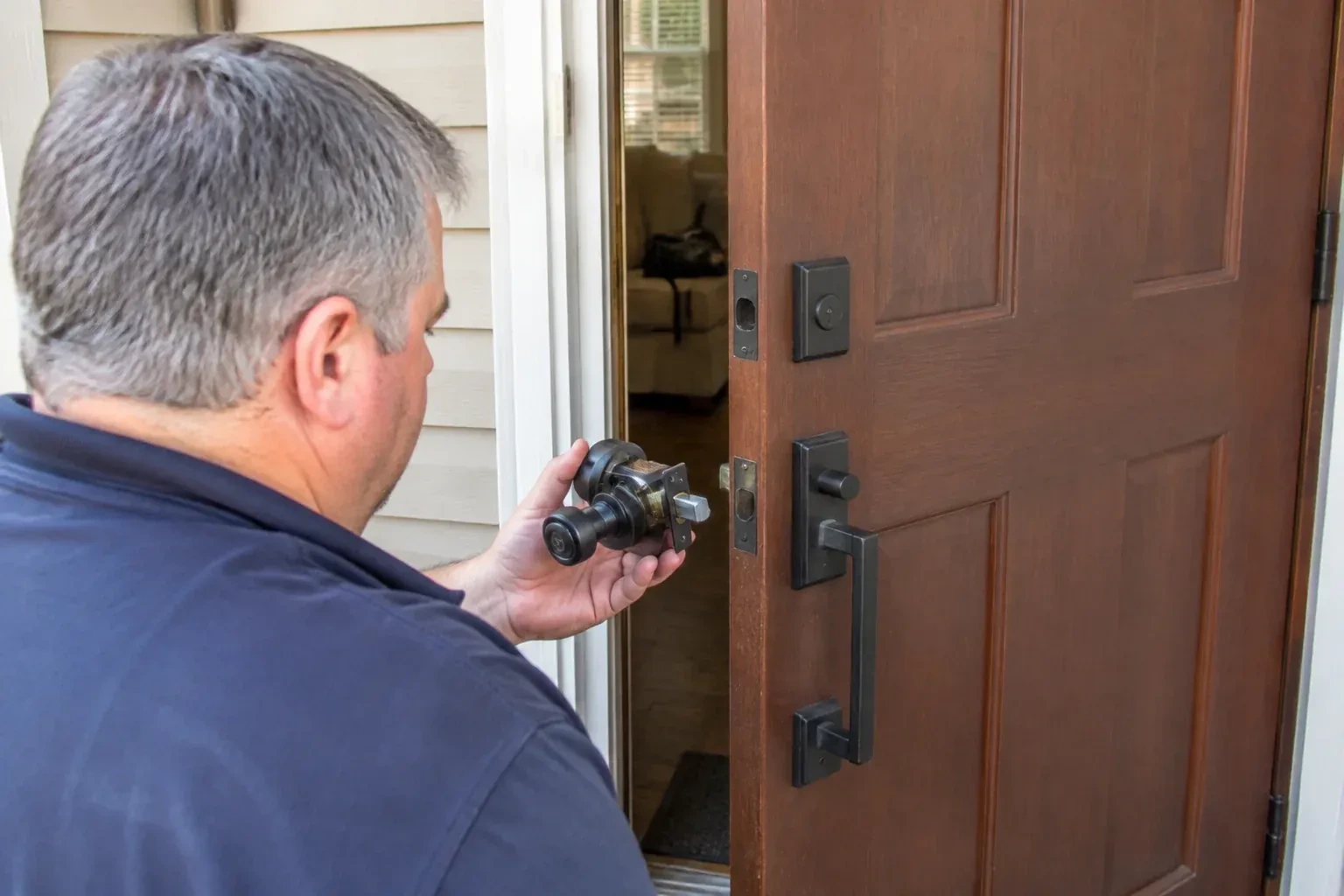 Person holding a removed black lock assembly beside a partly open brown front door with a long black pull handle. — Home Lockout Service, Guelph