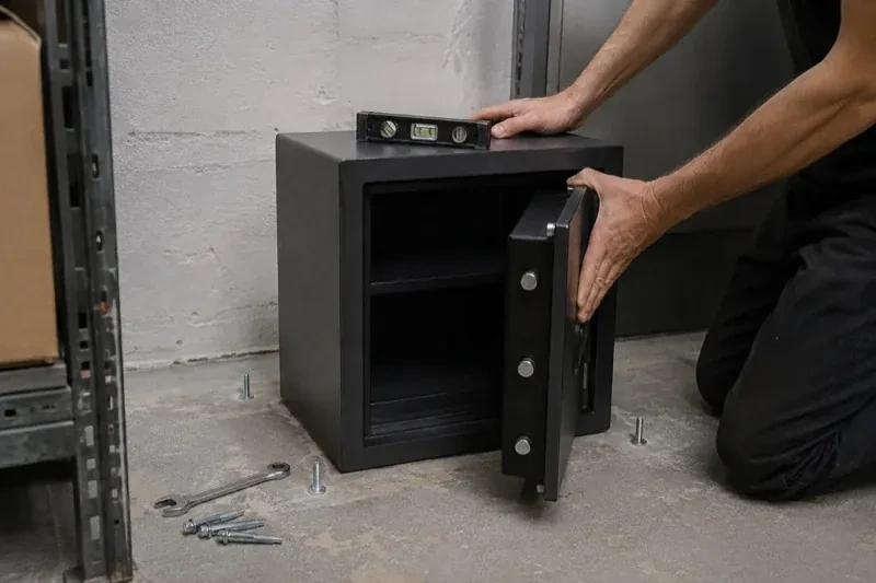 Person kneeling beside an open black safe with a spirit level on top and loose bolts and a wrench on the concrete floor. — Safe Installation & Servicing, Guelph