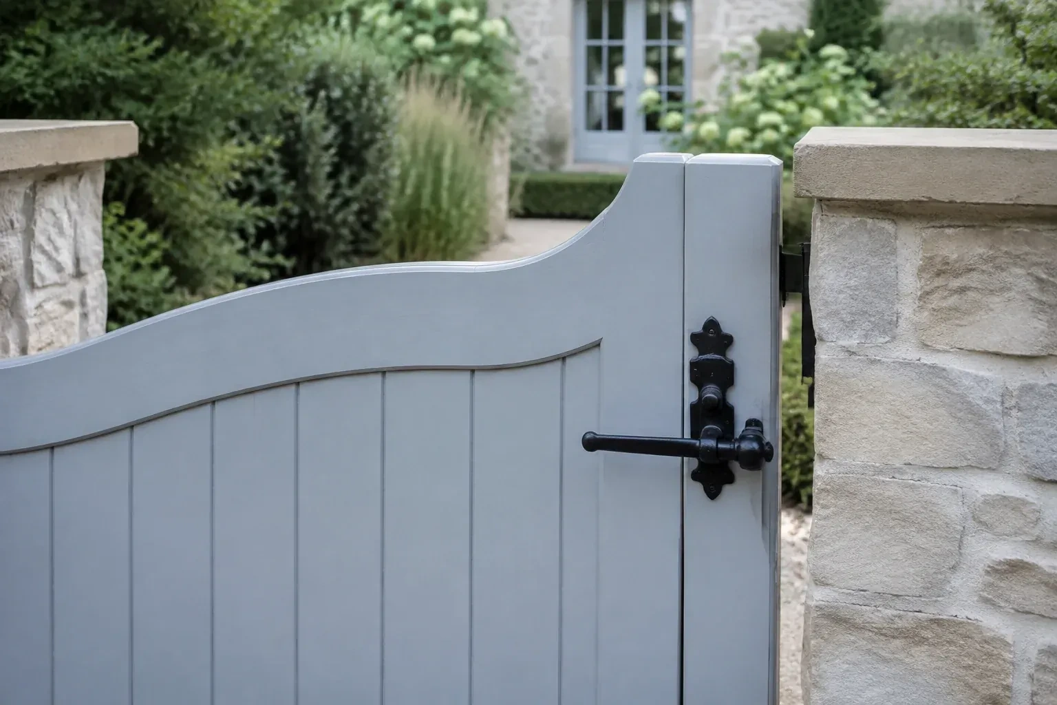 Pale blue garden gate with a black lever latch between light stone pillars. — Gate & Building Entry Locks, Guelph