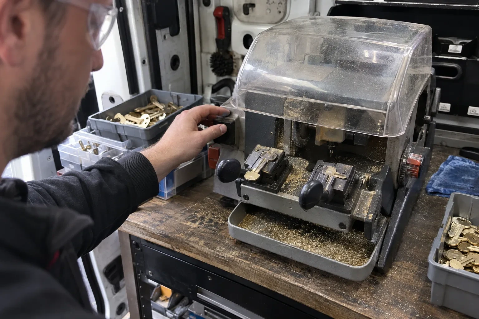 Person in safety glasses reaching for a key-cutting machine with a clear cover, beside trays of brass key blanks. — Spare Car Key Duplication, Guelph