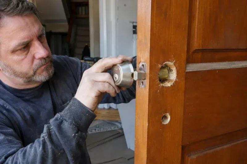 Person holding a silver-colored lock beside an open wooden door with exposed circular holes and a latch at its edge. — Deadbolt Installation, Guelph