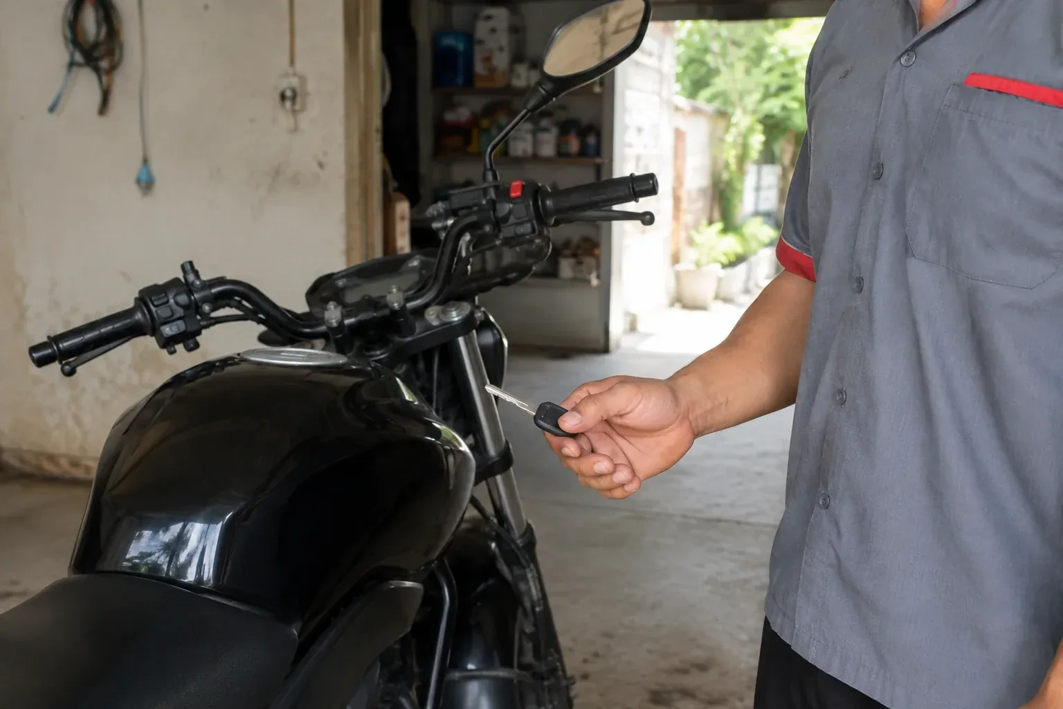 Technician holding a black-headed key beside a parked motorcycle. — Motorcycle & Scooter Keys, Guelph