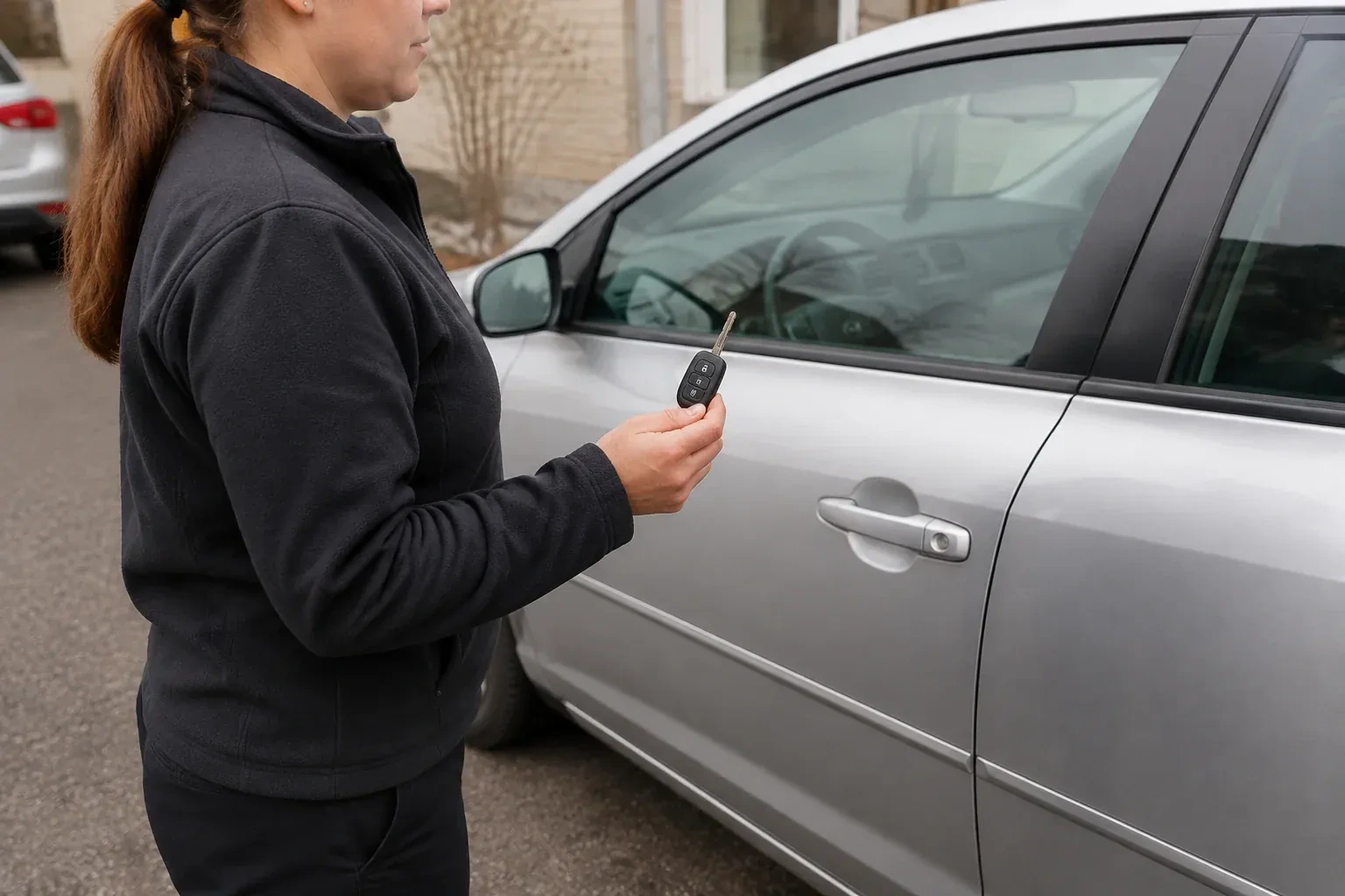 Technician holding a remote key with an extended blade beside a silver car. — Car Key Replacement, Guelph