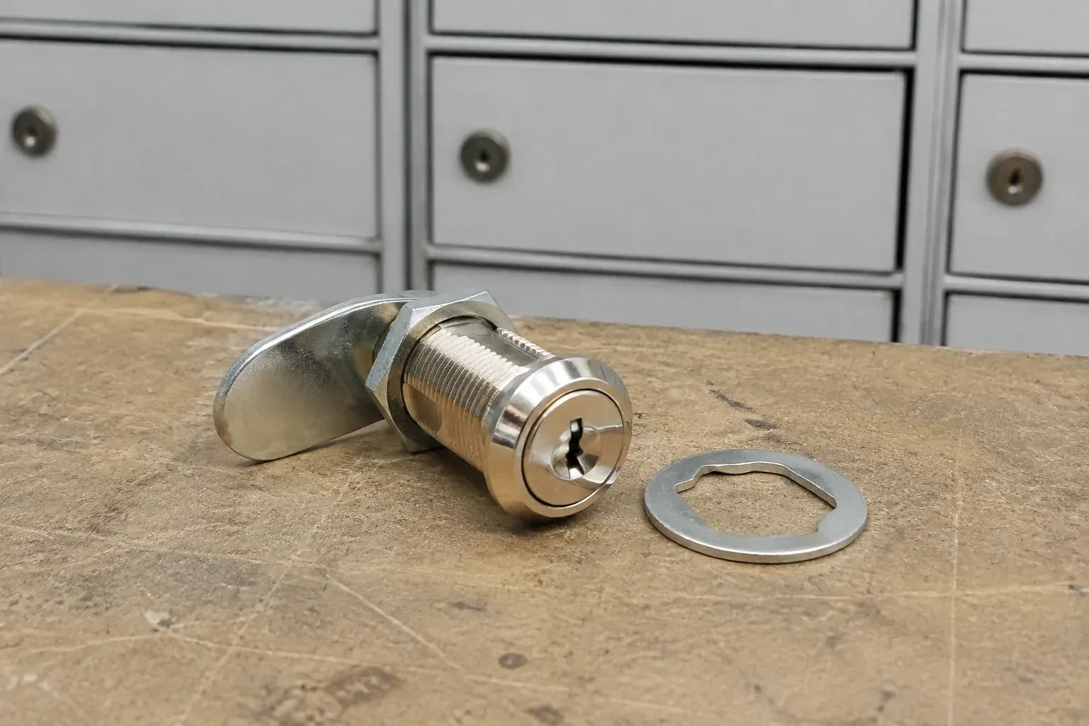 Detached threaded cam lock and mounting washer on a workbench in front of closed mail compartments. — Mailbox Lock Replacement, Guelph