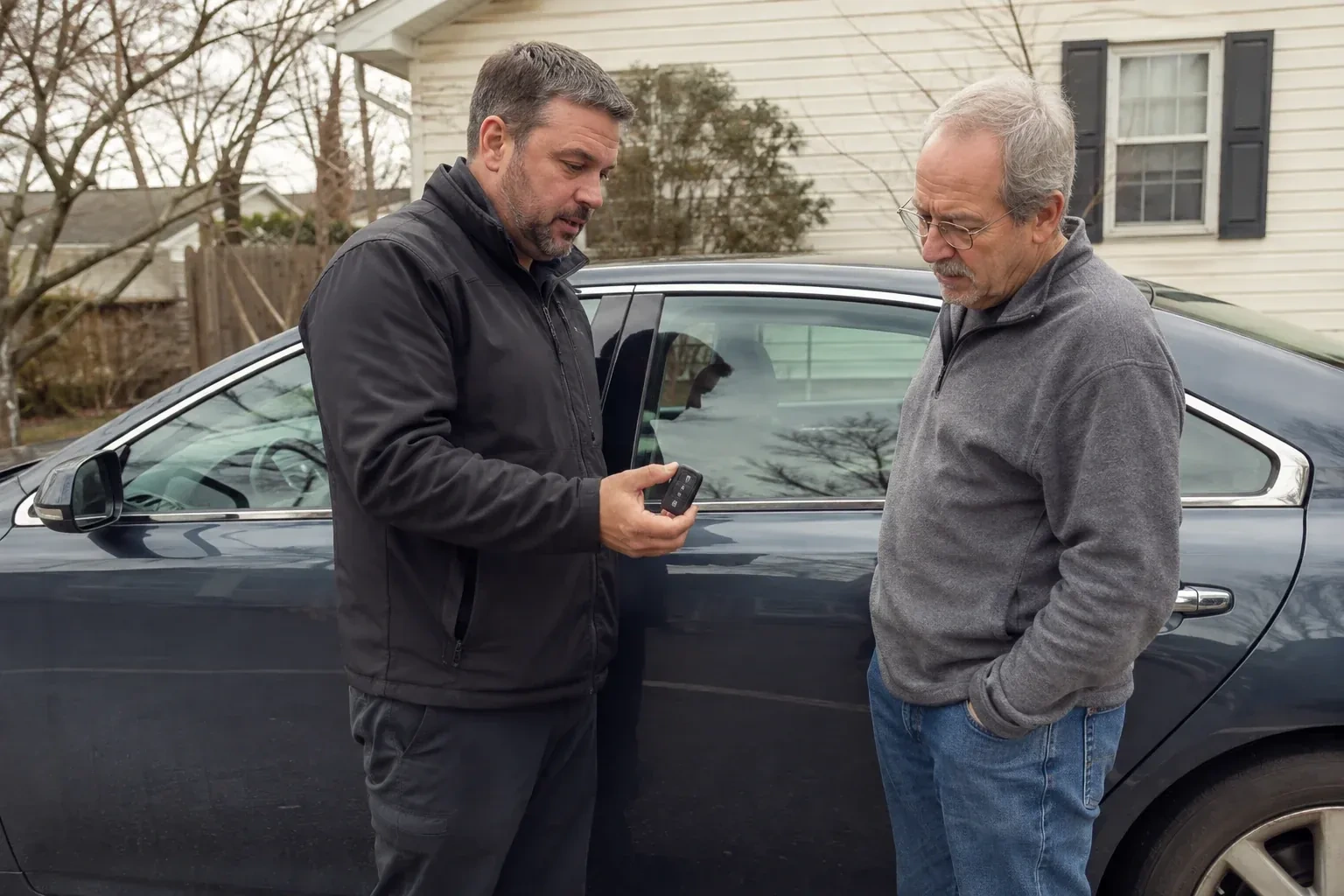 Two people beside a dark sedan, one holding up a black key fob. — Car Lockout Service, Guelph