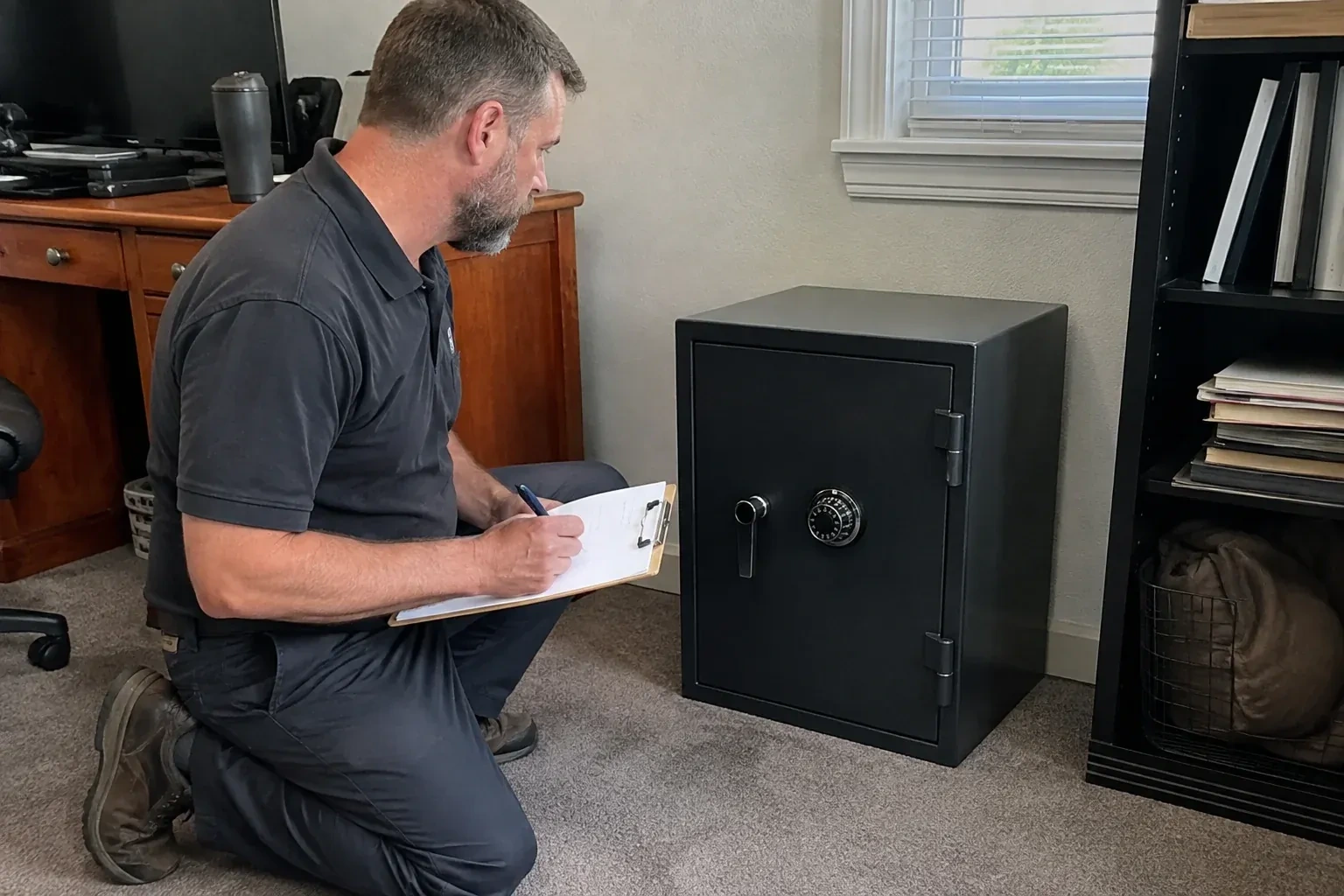 Person writing on a clipboard while kneeling beside a closed black safe with a numbered combination dial in a home office. — Safe Opening & Combination Change, Guelph
